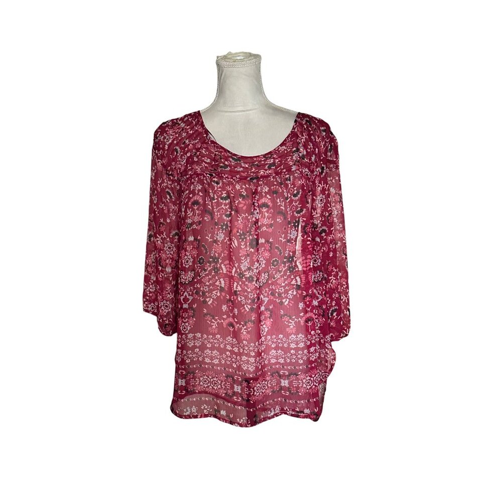 Lauren Conrad Sheer Floral Print Burgundy 3/4 Sleeve Womens Blouse Size L